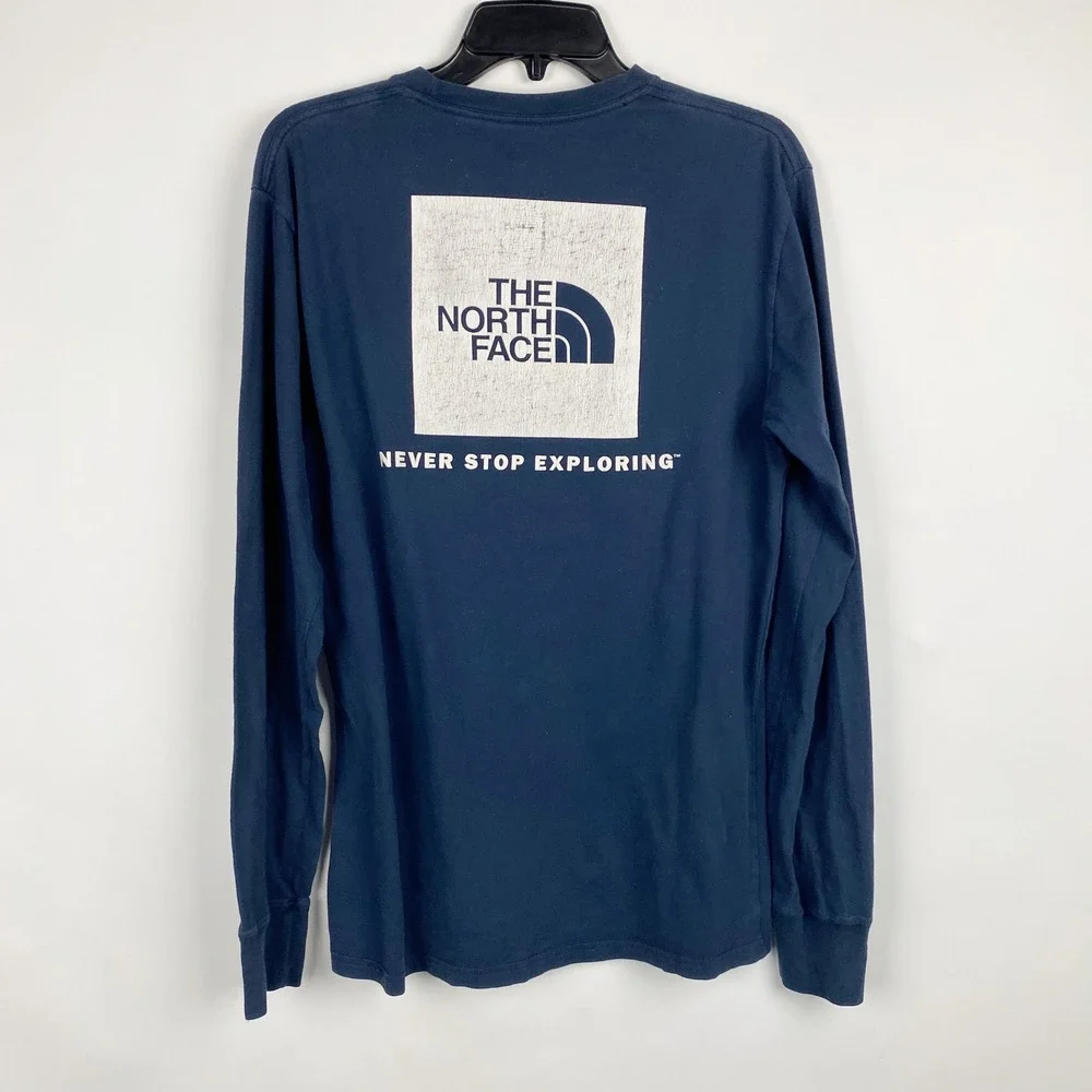 The North Face Mens S Navy Blue Long Sleeve Graphic T-Shirt Never Stop Exploring